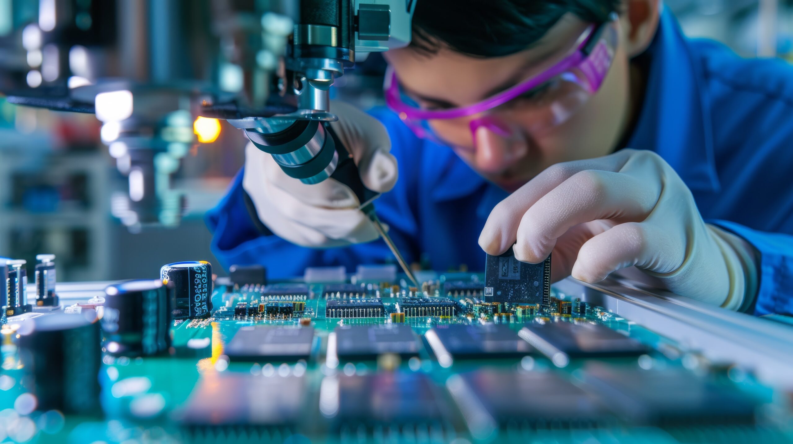 Hi-tech factory: Quality control inspectors examine electronic printed circuit boards for damage. In background assembly line for PCB with surface mount pick and place technology.