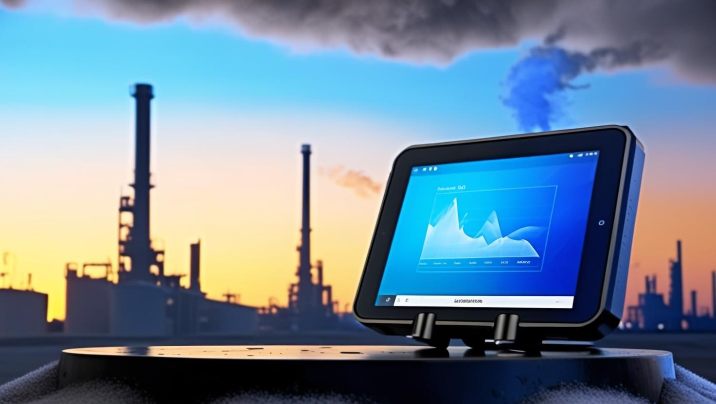 Rugged tablet in front of oil refinery industry